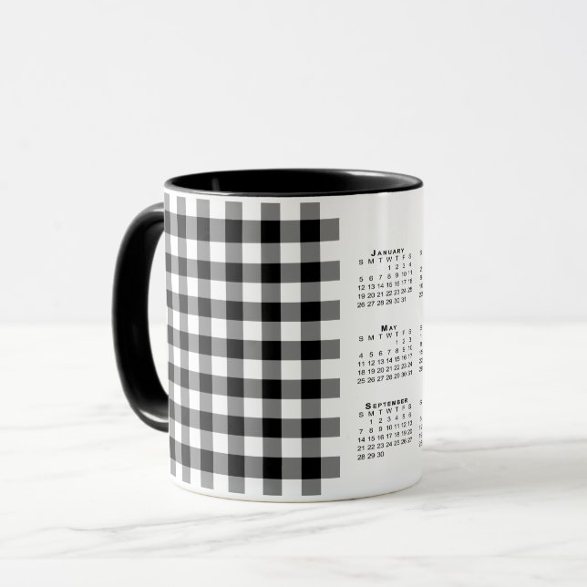 Caneca modelo de Xadrez Gingham Preto Preto para Calendár (Frente Esquerda)