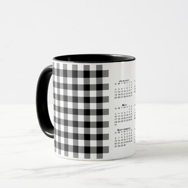 Caneca modelo de Xadrez Gingham Preto Preto para Calendár (Frente Esquerda)