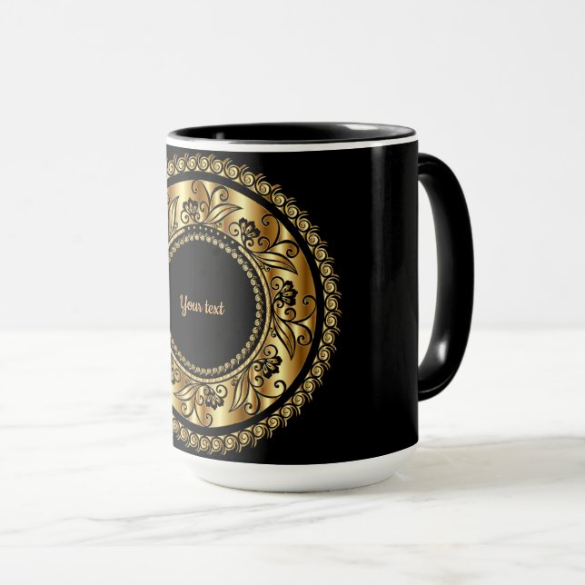 Caneca Modelo Elegante preto e Ornamentado Dourado (Frente Esquerda)