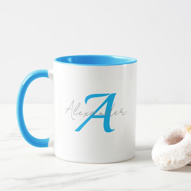 Caneca Modern Blue Monogram & Script Name Personalized  (Com Donut)