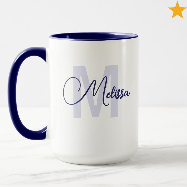 Caneca Modern Blue White Custom Name Cursive Monogram (Criador carregado)