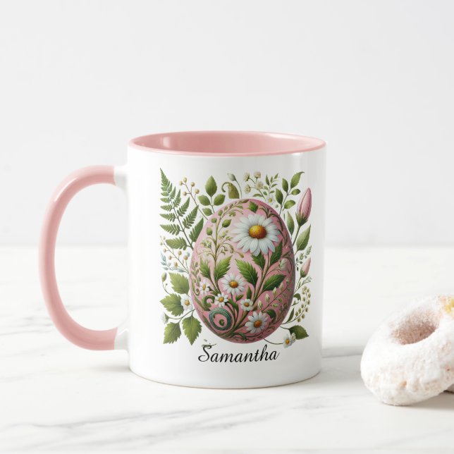 Caneca Modern Easter Egg Floral Customizable Name  (Com Donut)