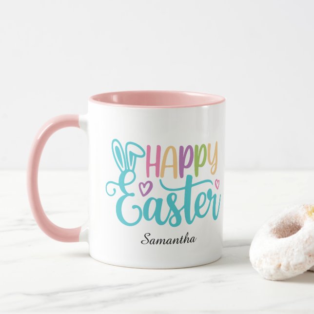 Caneca Modern Happy Easter Typography Customizable Name (Com Donut)