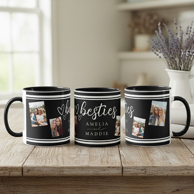 Caneca Modernas 4 Fotos Amigas Preto e Branco  (Modern 4 Photo Besties Black and White Mug Front, right and left sides shown.)