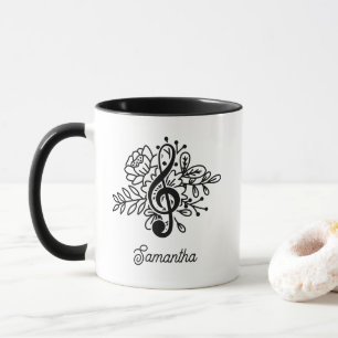 Caneca Moderno Floral Treble Clef Black White Music Amant