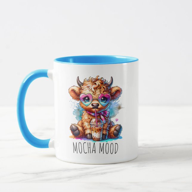 Caneca Modo Mocha Design de Vaca Fofa das Terras Altas (Esquerda)
