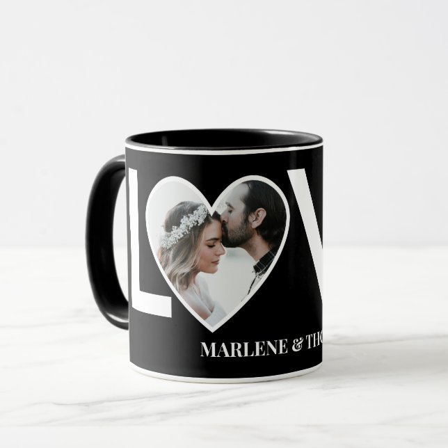Caneca Moldura de Coração Preto com Foto Personalizada de (Frente Esquerda)