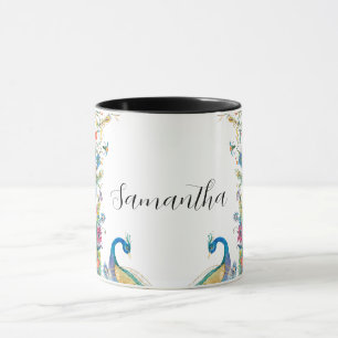 Caneca Moldura de peacocks com flores a aquarela