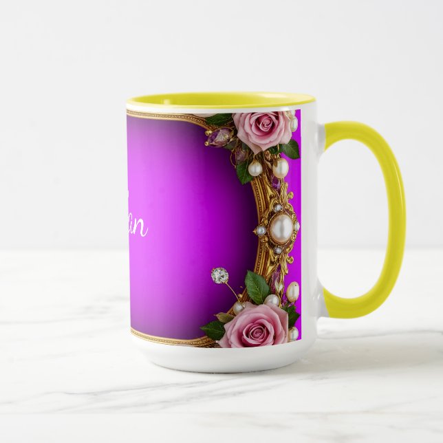 Caneca Moldura Dourada Com Rosas e Pérolas Elegantes (Direita)