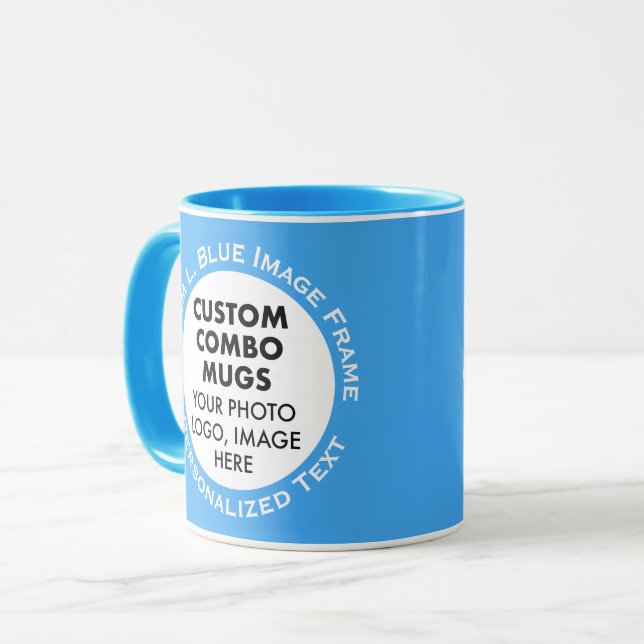 Caneca Moldura Redonda 2 x Foto Texto Azul Claro Combinaç (Frente Esquerda)