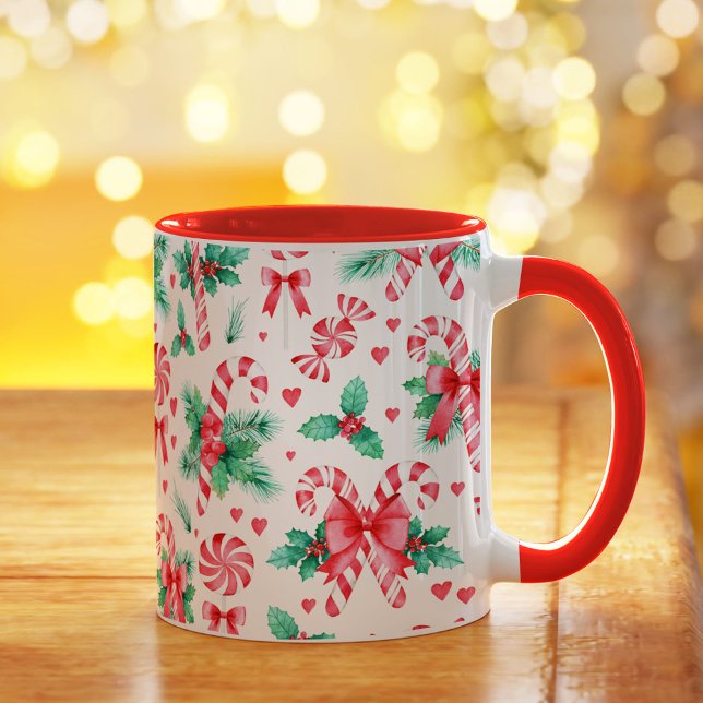Caneca Molho de hortelã-pimenta de Natal e Holly (Watercolor Christmas Peppermint Candy and Holly Mug)