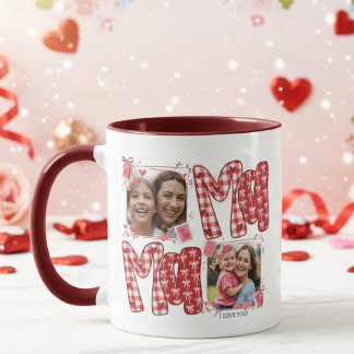 Caneca Mom and Child Valentine Hearts Pink Red Plaid