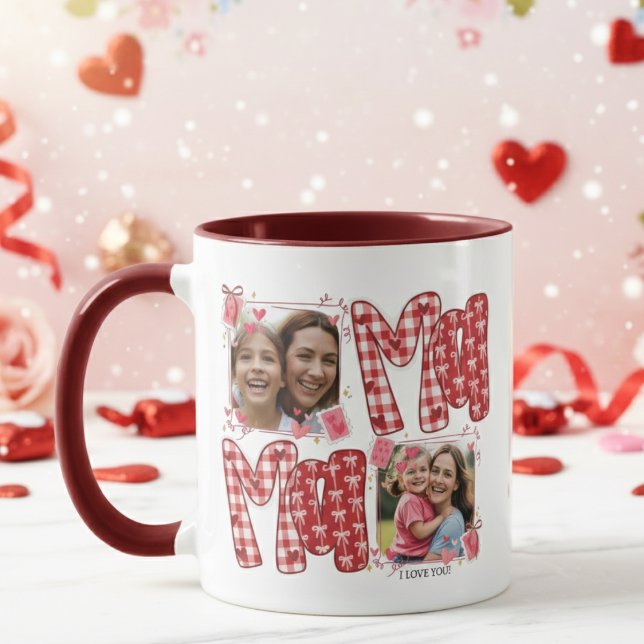 Caneca Mom and Child Valentine Hearts Pink Red Plaid (Criador carregado)