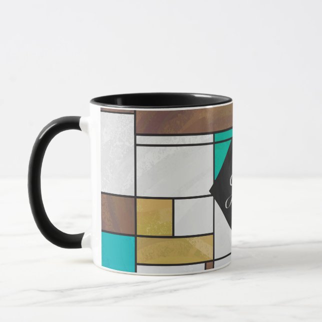 Caneca Mondrian Brown Yellow Teal Impressão (Esquerda)
