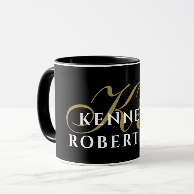 Caneca Monogram Black Gold White Name Minimalist Elegant  (Frente Esquerda)