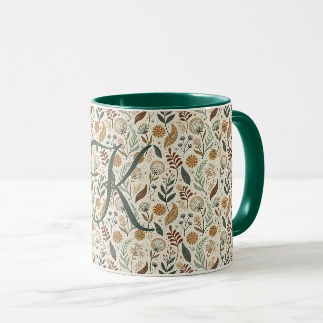 Caneca Monogram Boho Leaves Botanical Brown Green Beige (Frente Esquerda)