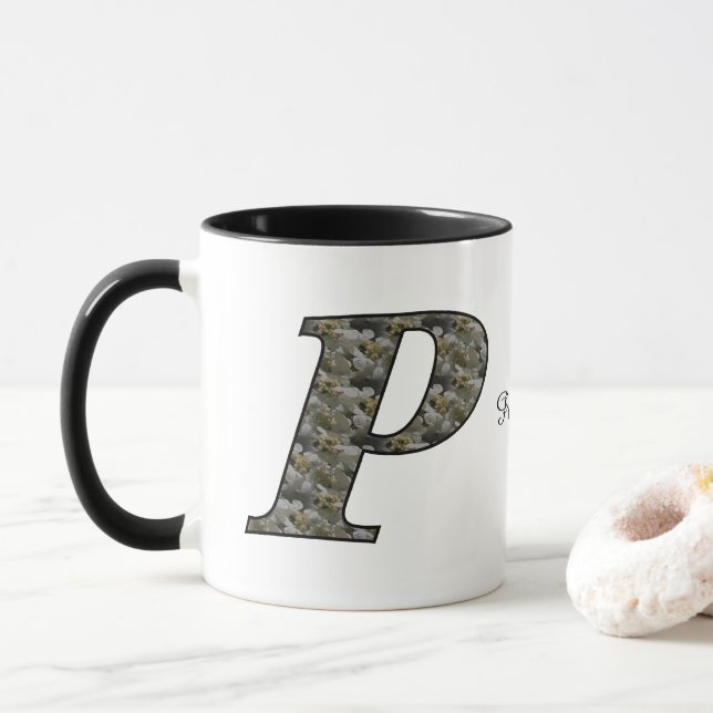 Caneca Monogram Initial P Hydrangea Flowers Personalized (Com Donut)
