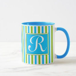 Caneca Monograma azul e verde colorido do teste padrão da