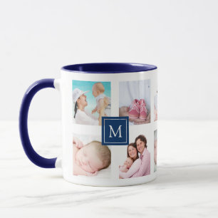 Caneca Monograma Azul Escuro de Colagem de Fotos 10 Perso