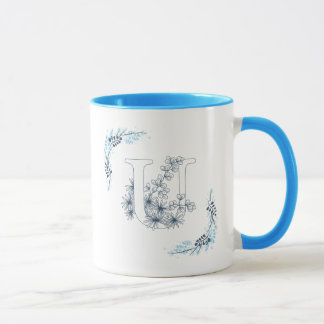 Caneca Monograma Azul Inicial Café Floral Calmo