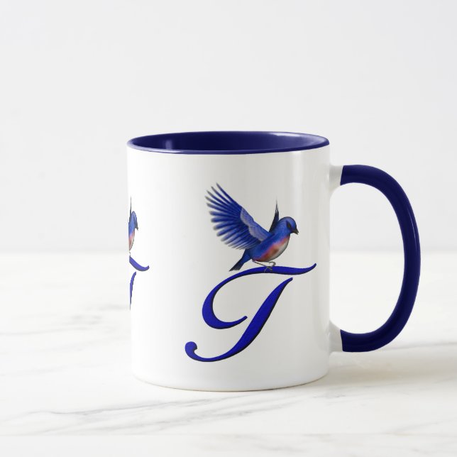 Caneca Monograma Azul inicial T Elegante (Direita)