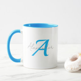 Caneca Monograma Azul Moderno e Nome Personalizado em Let