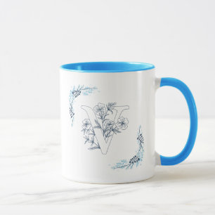 Caneca Monograma Azul "V" Inicial Calmo Floral Café