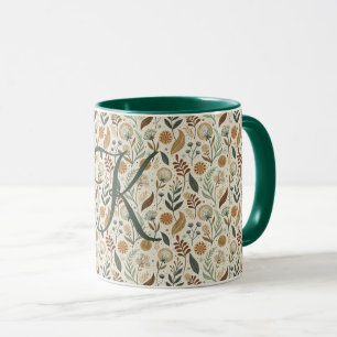 Caneca Monograma Boho Folhas Botânico Marrom Verde Bege