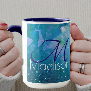 Caneca Monograma brilhante com efeito ombre azul rosa chi