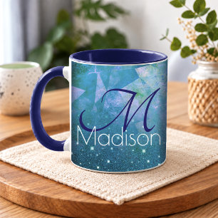 Caneca Monograma brilhante com efeito ombre azul rosa chi