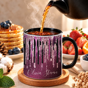 Caneca Monograma brilhante com respingos pretos rosa quen