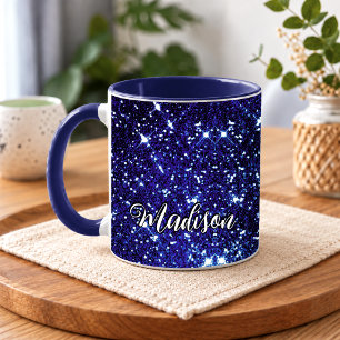 Caneca Monograma caprichoso iridescente azul com brilho