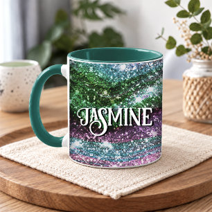 Caneca Monograma caprichoso ondulado rosa verde brilho
