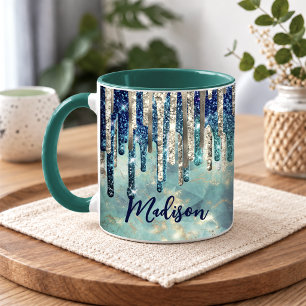 Caneca Monograma chic com gotas de glitter azul turquesa