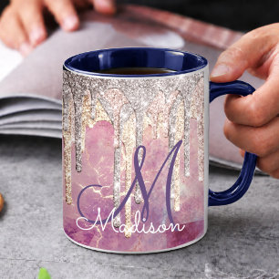 Caneca Monograma chic rosa com brilho cor-de-rosa que pin