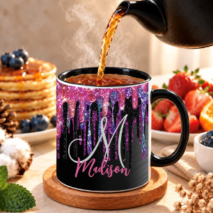 Caneca Monograma chique com respingos pretos rosa quente