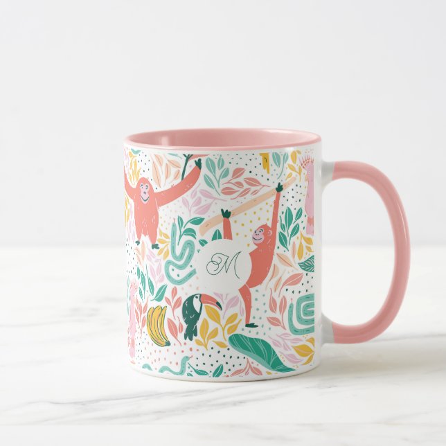 Caneca Monograma Colorido Animais Felizes da Selva Rosa (Direita)
