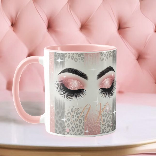 Caneca Monograma Cor de Leve Rosa ( Luxe sparkle mug with glam pink glitter lashes — perfect birthday or beauty gift)