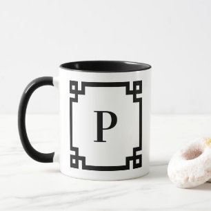 Caneca Monograma da borda-chave grega branca e preta