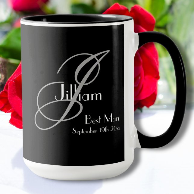 Caneca Monograma da Cinza Branca Preta do Melhor Homem +  (A wonderful gift for your Best Man. Black, White & Gray Design with Monogram plus Name and Date Mug.)