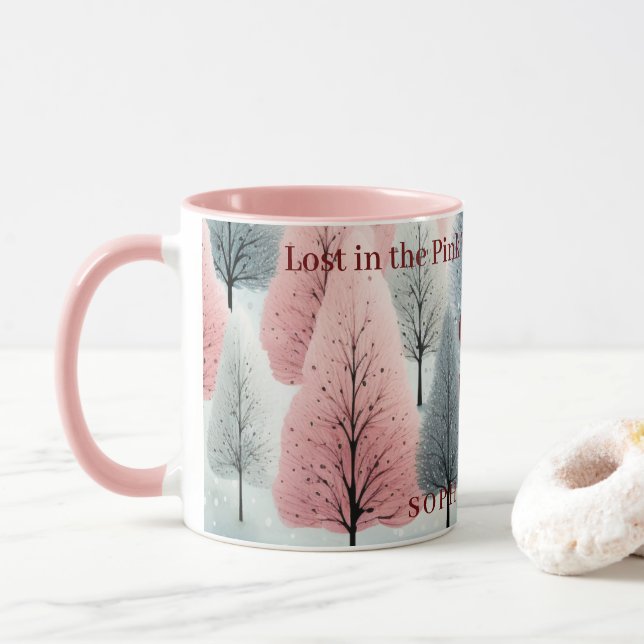 Caneca Monograma da Floresta de inverno Rosa Minimizada (Com Donut)