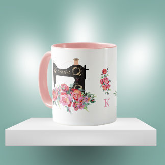 Caneca Monograma da Máquina de Serradura Floral Rosa