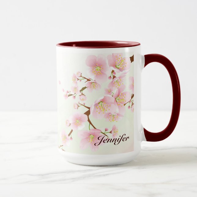 Caneca Monograma Da Natureza Do Flor De Cereja, Rosa E Br (Direita)