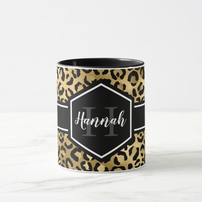 Caneca Monograma das Manchas Leopardo Pretas Douradas (Centro)