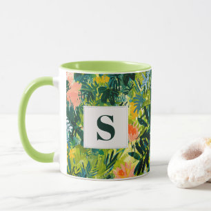 Caneca Monograma de Abstrato Botânica Verde Tropical