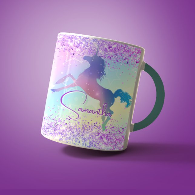 Caneca Monograma de arte arco-íris branco cor-de-rosa cla (Criador carregado)