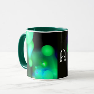 CANECA MONOGRAMA DE BOLHAS FRACTAIS AZUIS VERDE