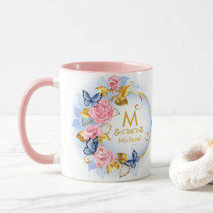 Caneca Monograma de Borboleta e Rosa Cor-de-Rosa I Inicia