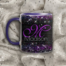 Caneca Monograma de brilho de metal preto roxo