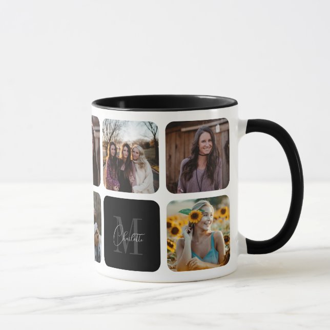 Caneca Monograma de Colagem de Nome de Foto Preto Elegant (Direita)